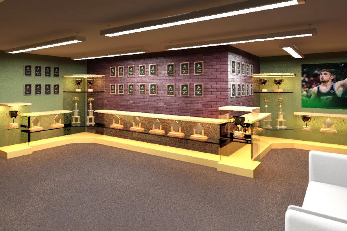 An artist rendering of the new wrestling facility trophy room.