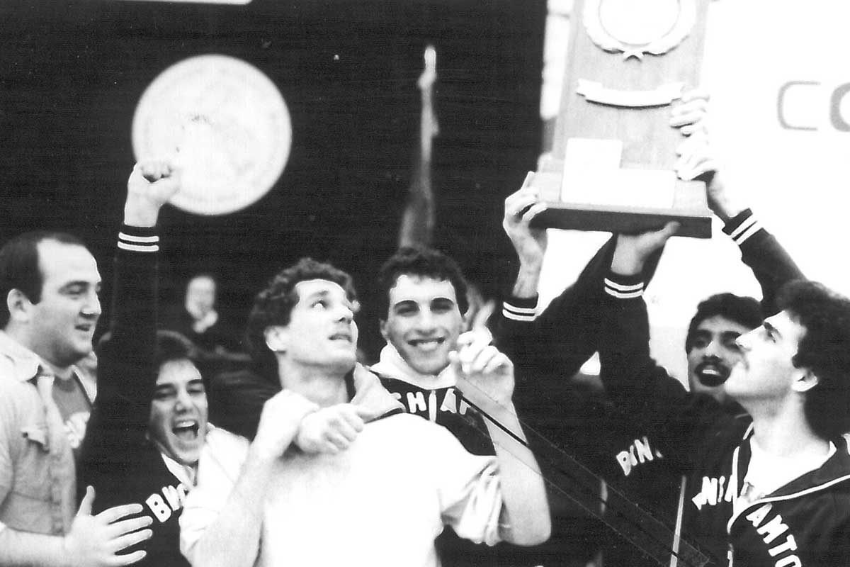 Black and white photograph of the Binghamton University wrestling team.