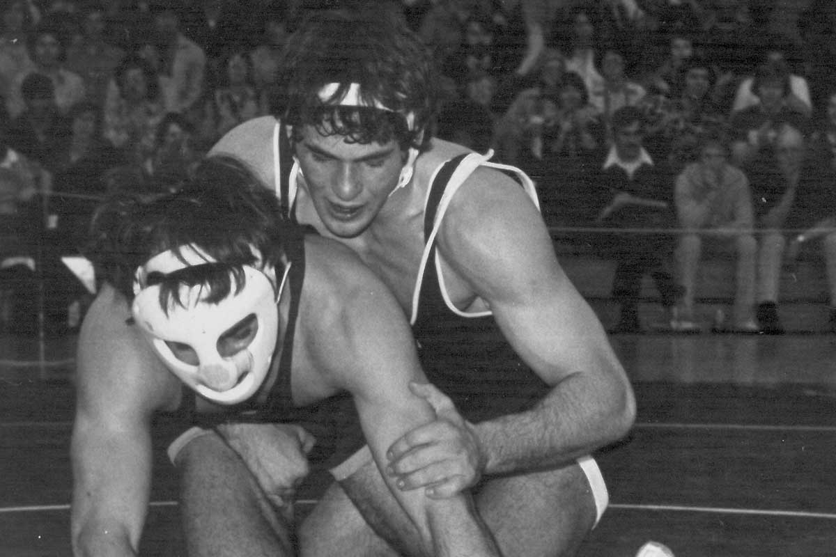 Black and white photograph of the Binghamton University wrestling team.