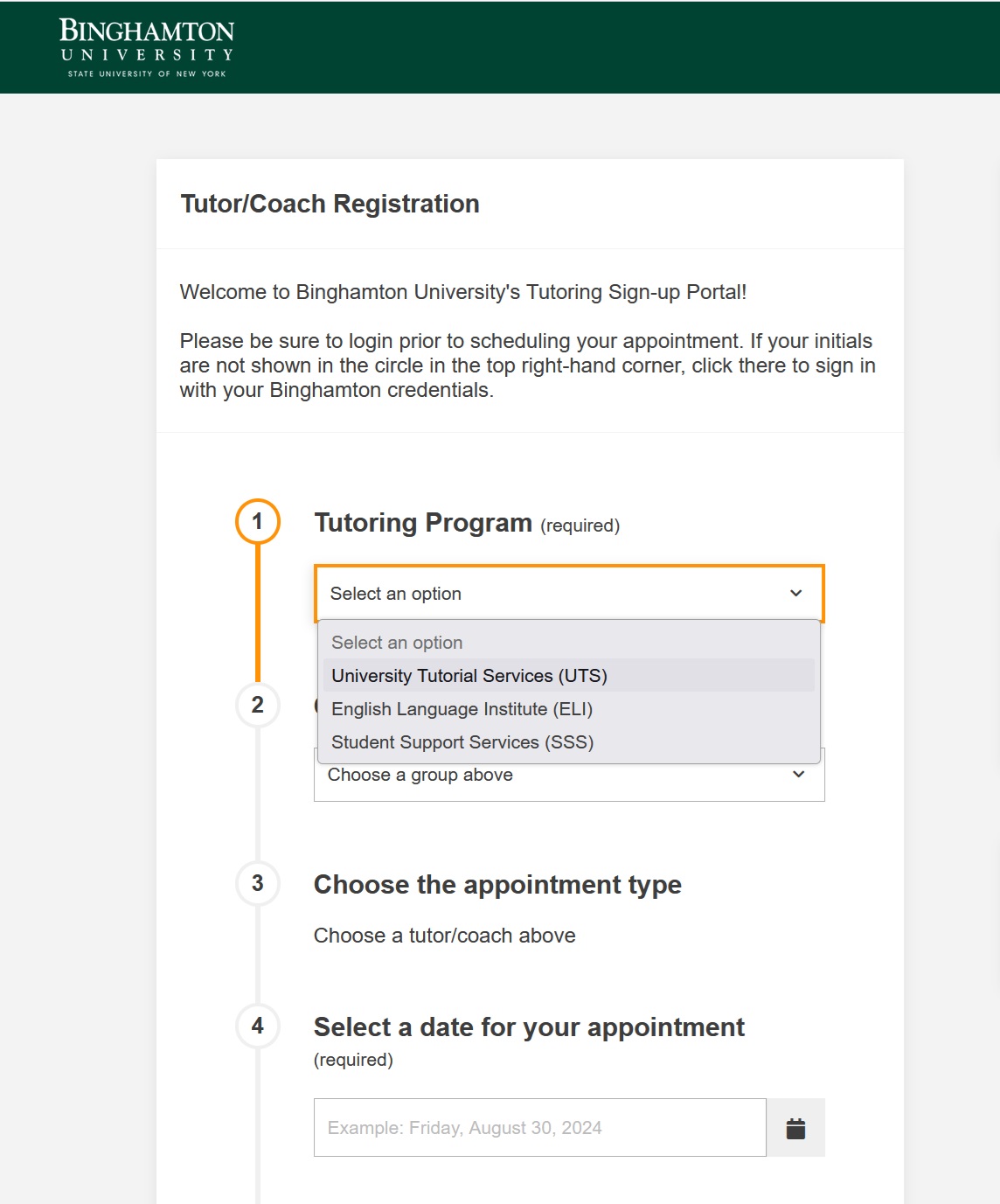 Image of sign in screen selecting tutoring service group