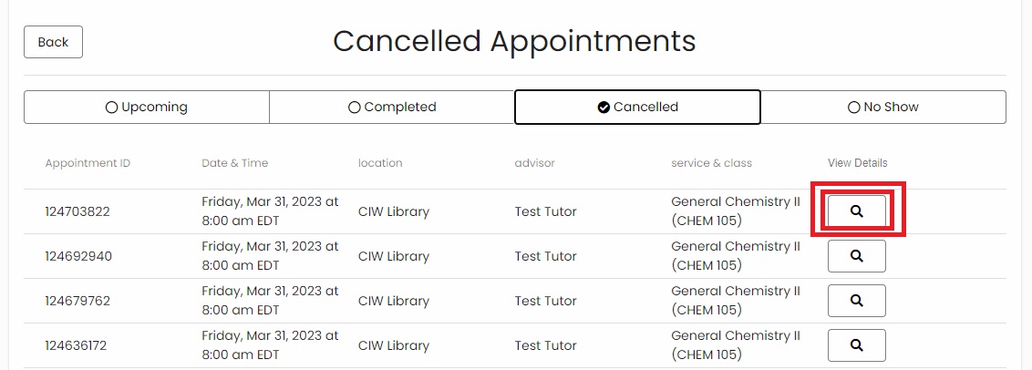 List of tutoring appointments
