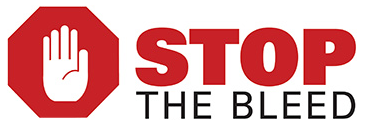 The words STOP THE BLEED in large text next to an image of a red octogon with a hand inside.