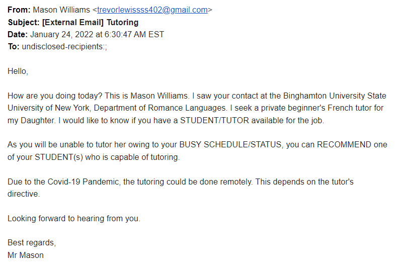  A warning about a tutor phishing scam.