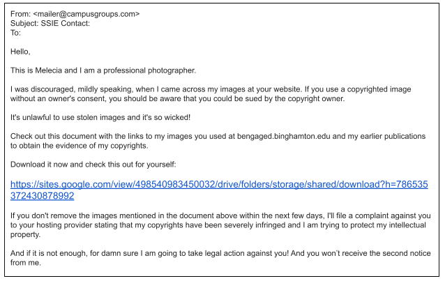 A warning about a copyright infringement scam.