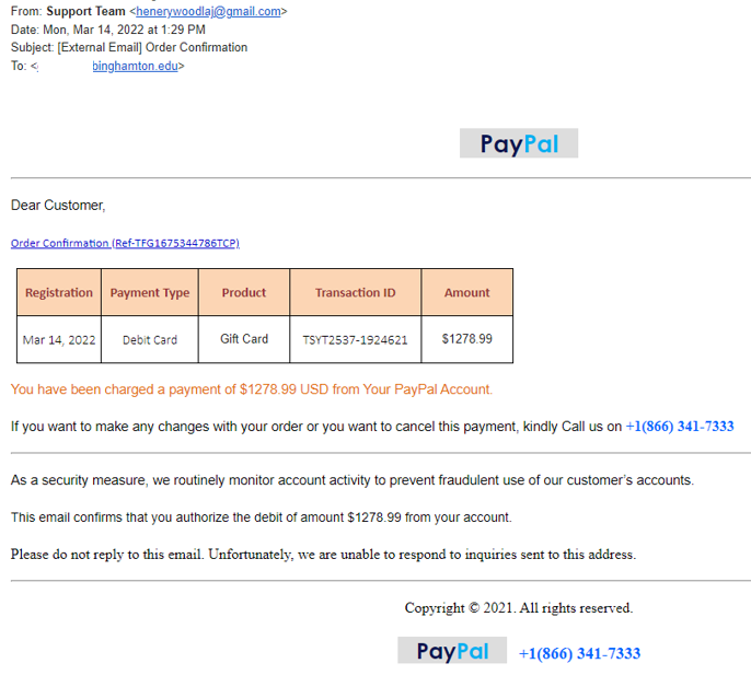 A warning about a PayPal phishing email scam with red flags.