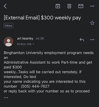 A warning about a job scam with red flags.