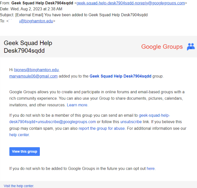 An image of a fake Geek email via Google Group message.