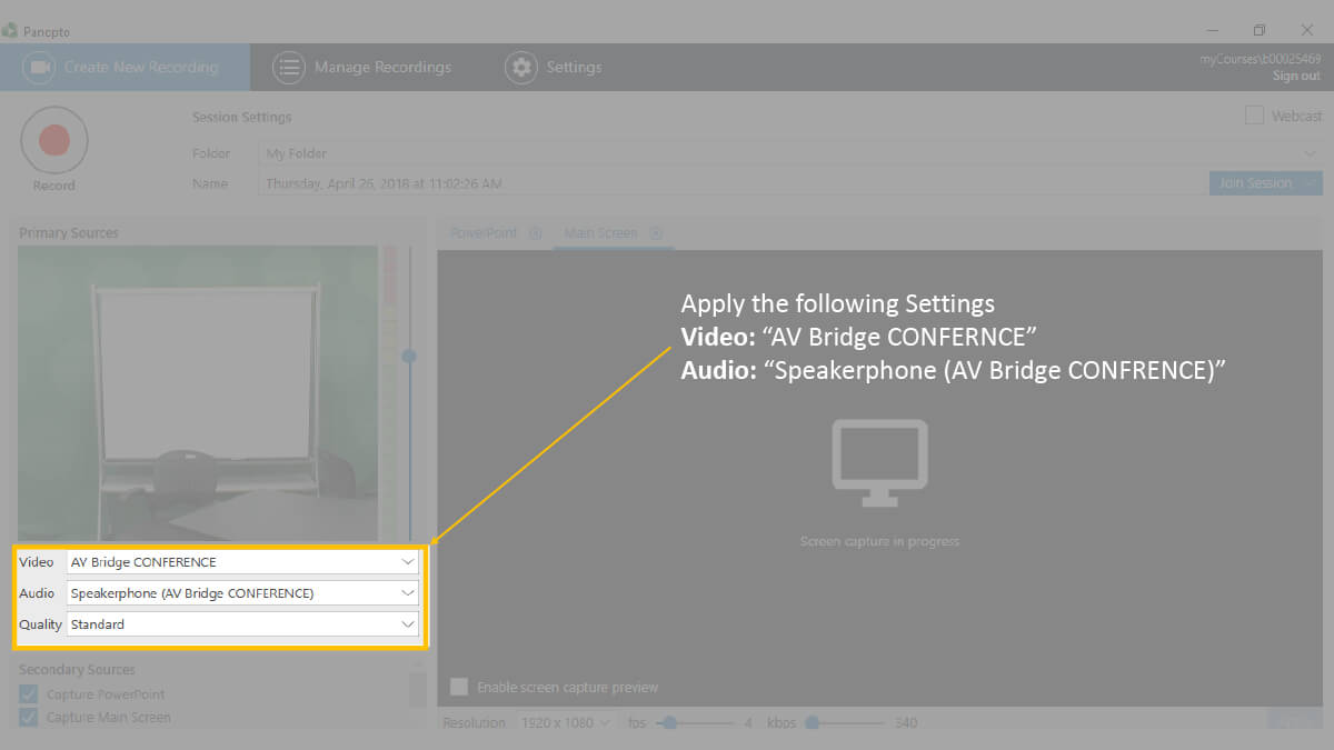 Step 9: Change video to AV Bridge CONFERENCE, Step 10: Change Audio to Speakerphone (AV Bridge CONFERENCE)