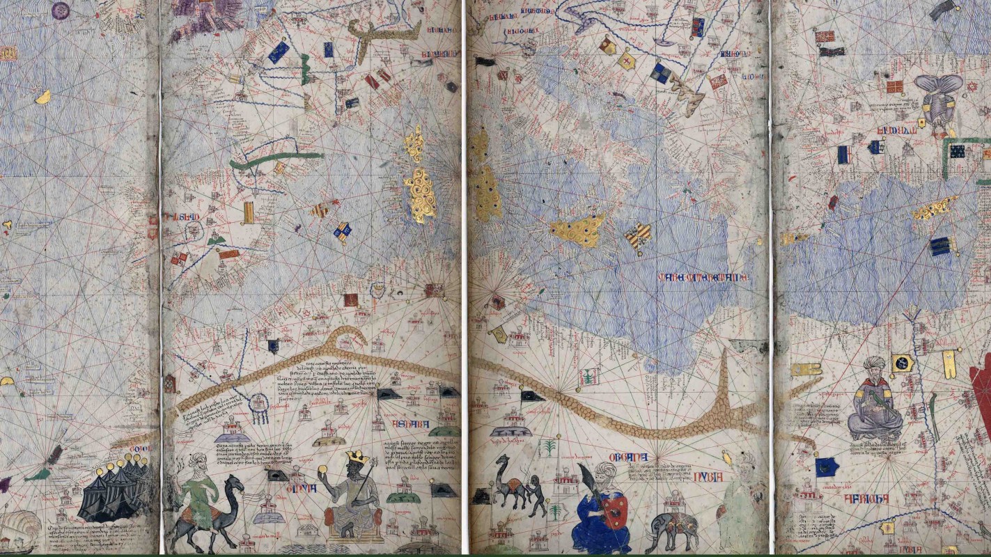 A montage of panels from the Catalan Atlas, which was produced circa 1375 and came into the possession of the King of France not long afterward. Iberia, Languedoc and Provence are in the two leftmost panels.