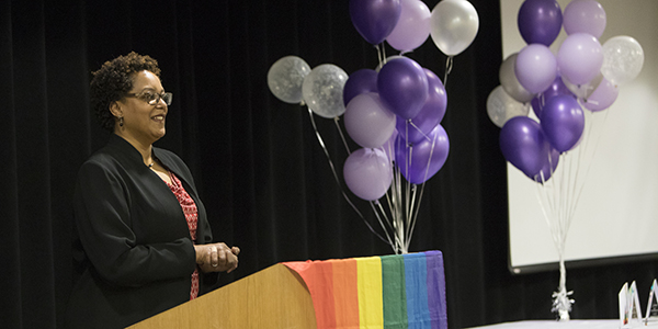 Q Center Director Kelly Clark hosts the University's first Lavender Graduation in 2017, honoring achievements of LGBTQ+ graduates and allies.