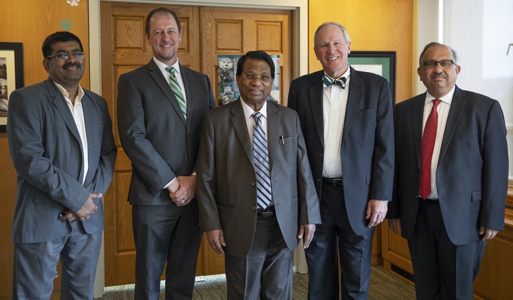 At Monday's signing were, from left, Sathish Rajamani, president of the VIT Alumni Association USA; Binghamton University Watson School Associate Dean Peter Partell; Vellore Institute of Technology Chancellor Govindasamy Viswanathan; Binghamton University Provost Donald Nieman; and Watson School Dean Krishnaswami “Hari” Srihari.