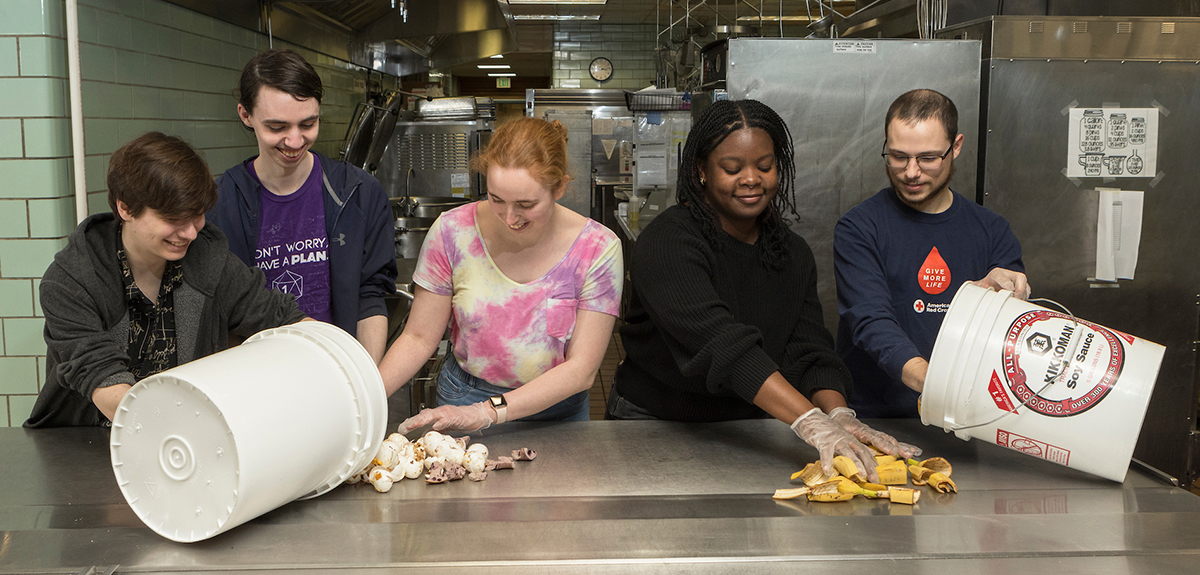 One team of biomedical engineering students did a senior project about turning food waste into biodegradable plastics. From left are Blake Tochilovsky, Gale Carpenter, Kristen Allen, René Walker and Matthew Arndt.