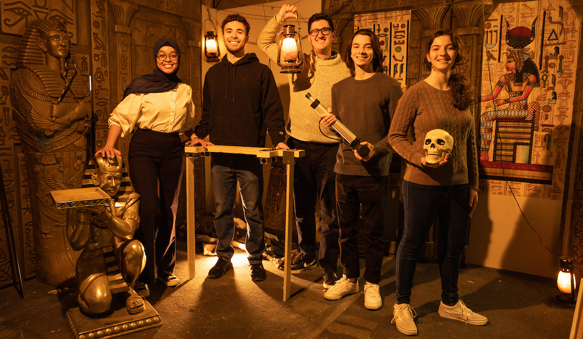 For its senior capstone project, a mechanical engineering team designed a moving sarcophagus for an escape room at Xscapes in Binghamton. From left are Baiyina Richardson, Cameron Storz, Jacob Lauer, Eric Cadalzo and Hannah Neusner.