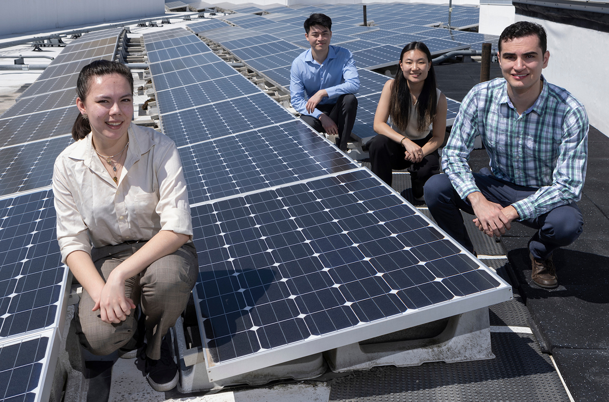 This ECE team worked on a better way to manufacture solar cells. On the roof of the Engineering and Science Building are, from left, Rachael Kohler, Ethan Man, Jamie Kim and Anthony Pedretti.