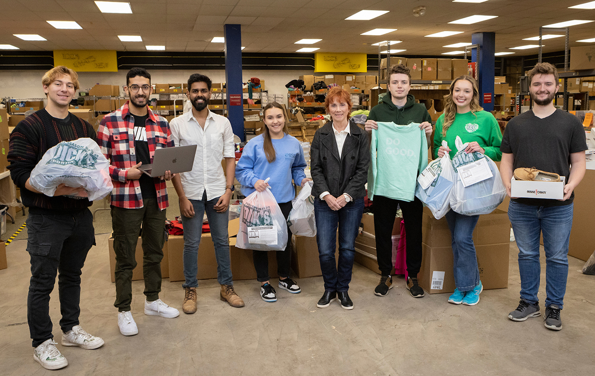 Collaborating on the Locker Room 345 project were, from left, Aigin Hertel-Bernstein '23; Mohammed-Khalil Ghali, MS ’24; Srimadhaven Thirumurthy '23; Izabella Bostina '23; Kim Myers from LR345; Connor Lounsbery '23; Nicole Dates '23 and Tyler Lounsbery '23.