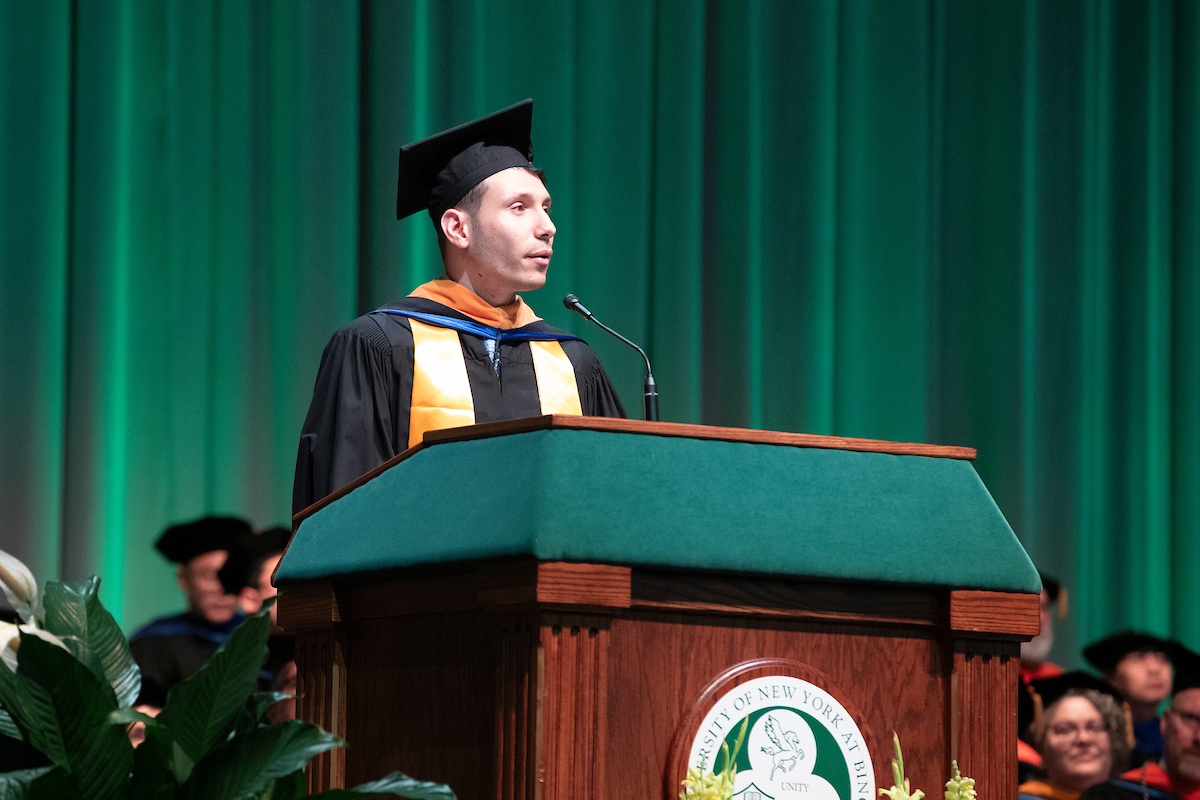 At the Watson College Commencement ceremony on May 10, graduate speaker Basel Sultan, MS ’24, offered heartfelt thanks to those who helped him and his classmates during their time at Binghamton.
