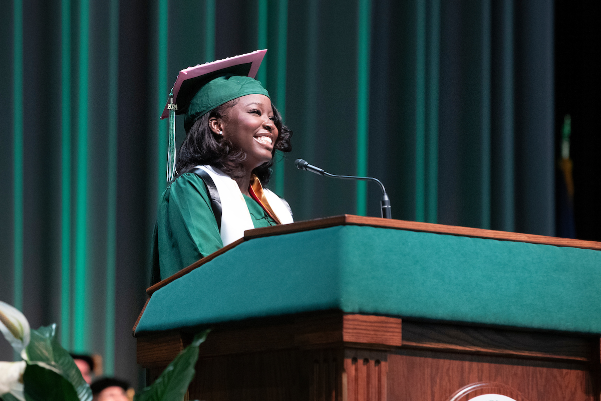 Student speaker Awa Traore addresses her peers during the second Harpur Commencement ceremony on May 11.