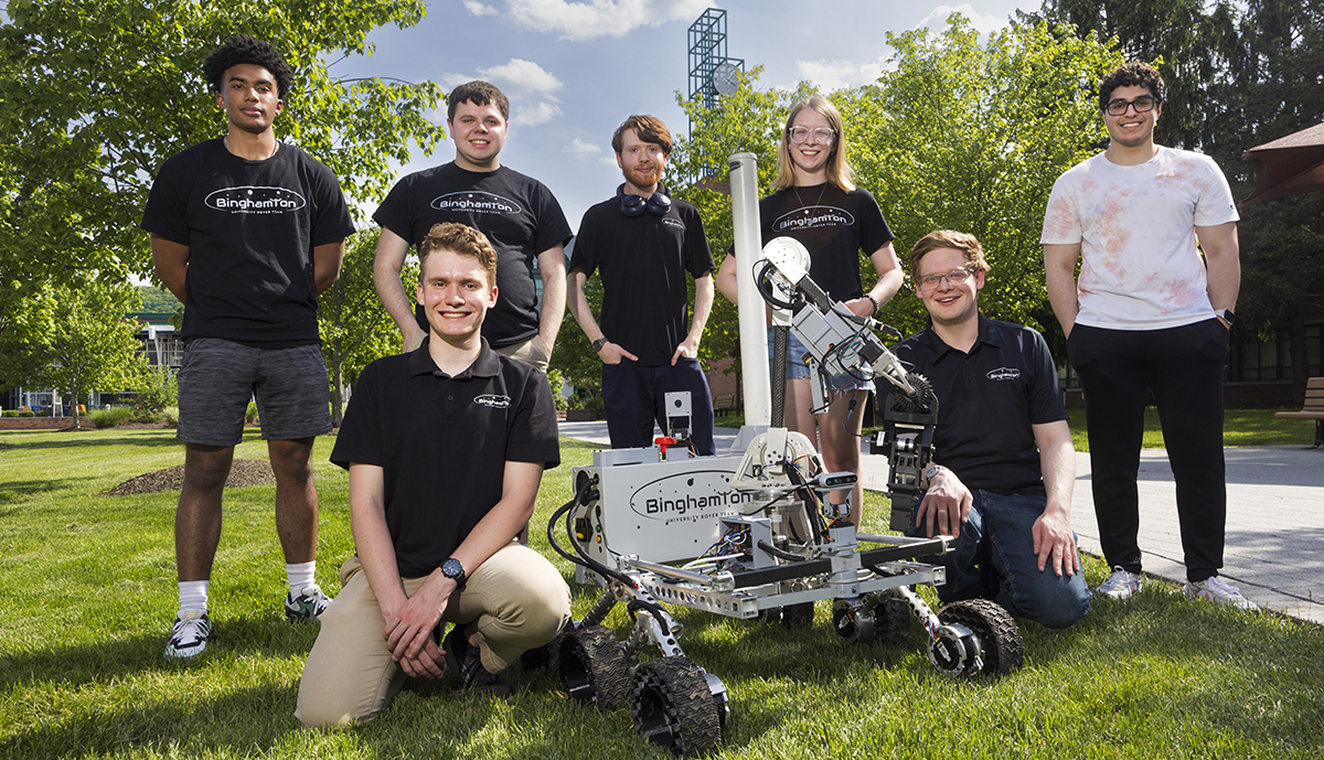 Members of the Binghamton University Rover Team tested this year's rover at the Peace Quad on May 20. Left to right, front row, are Thomas Wiedmann and Jonathan Sarasohn; back row, Zain McKay, Brian Flynn, Levi Lesches, Rebecca Carpenter and Abdallah Halaweh.