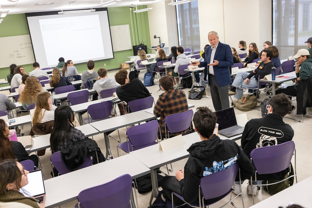 Students in Donald Nieman's new class shared their experiences voting in the 2024 presidential election. The group of 71 students included first-time voters. Image Credit: Jonathan Cohen.