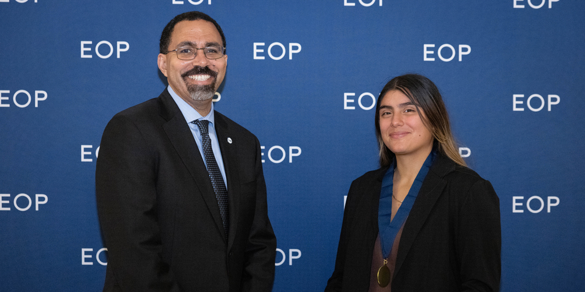 SUNY Chancellor John King with Elidenya Peña ‘24, recipient of the Norman R. McConney, Jr. Award for Educational Opportunity Program Student Excellence