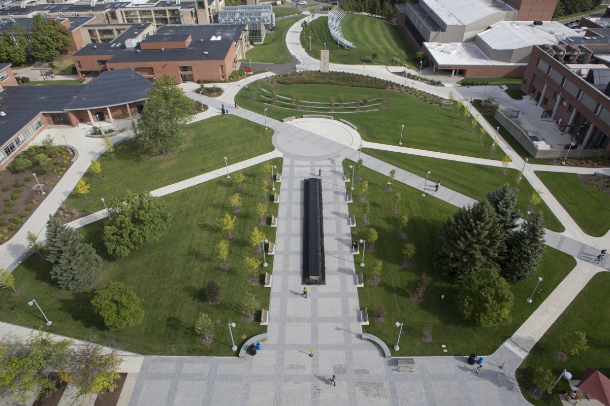 An overhead view of the Harpur Quad