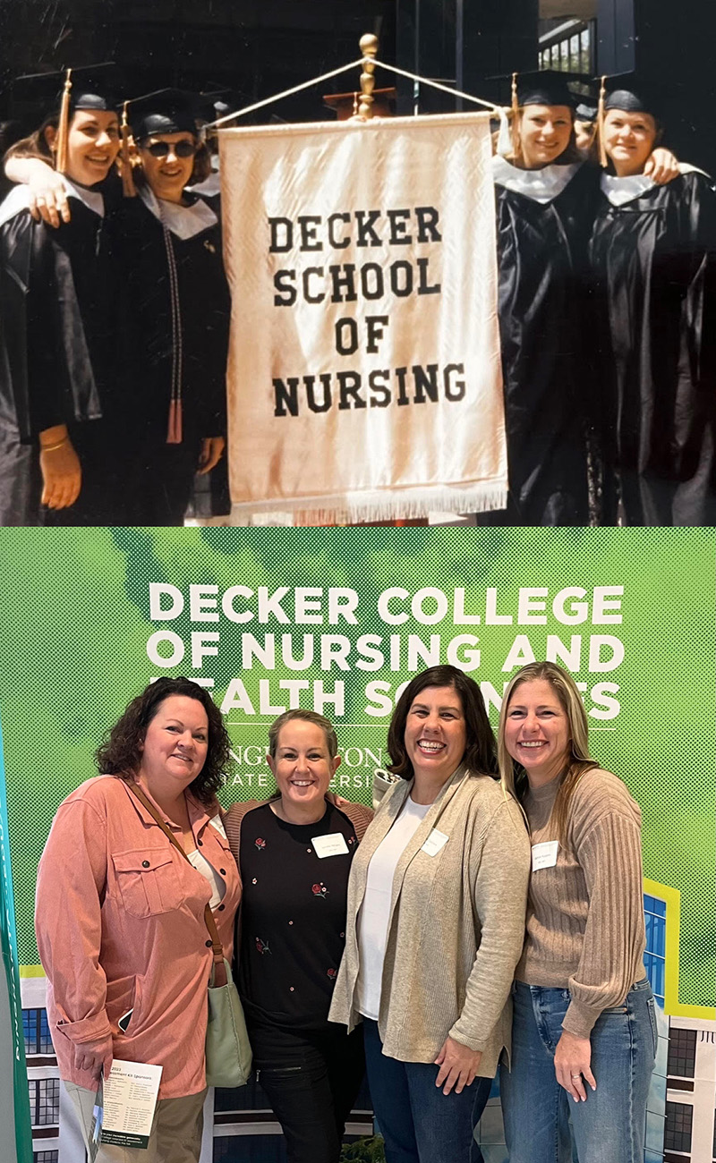 Four members of the Class of 1997 reunited at the Homecoming Brunch, recreating a photo from Commencement. From left are Barbara Cuccovia, Jennifer (Collins) McCann, Kathryn (O'Connor) Puopolo and Lori (Gunn) Smith.