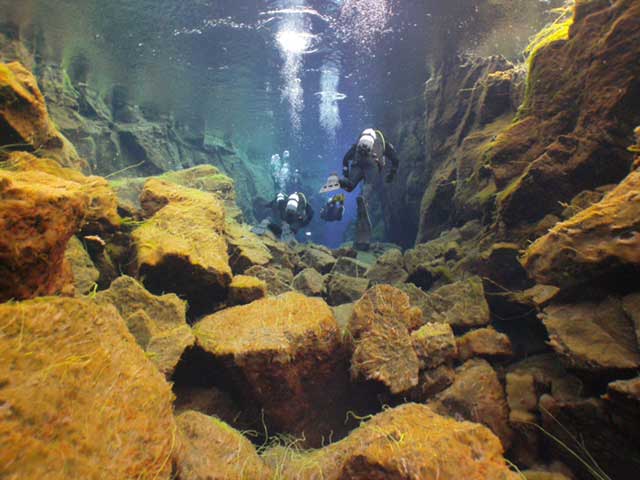 Binghamton University scuba instructor diving in Silfra, a freshwater fissure between the tectonic plates of North America and Eurasia.