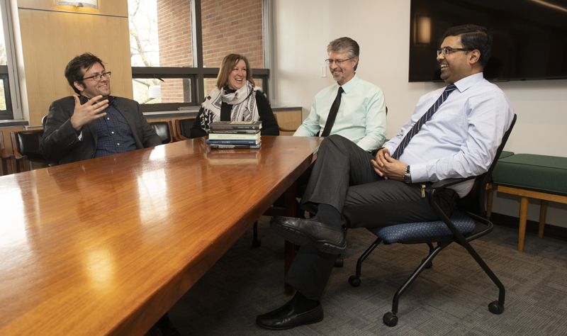 History Department faculty members and authors Nathanael Andrade, left, Diane Miller Sommerville, Howard G. Brown and Arbab Dey, right, participate in a question-and-answer session about the writing process.