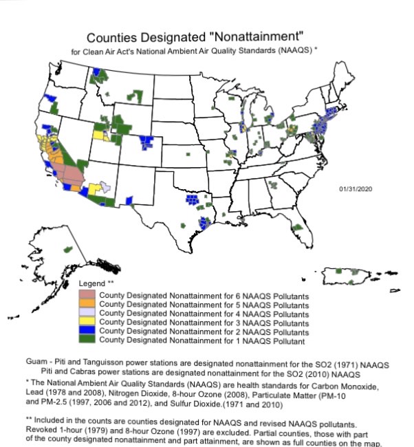 The EPA's National Ambient Air Quality Standard compliance map, with Hawaii missing.