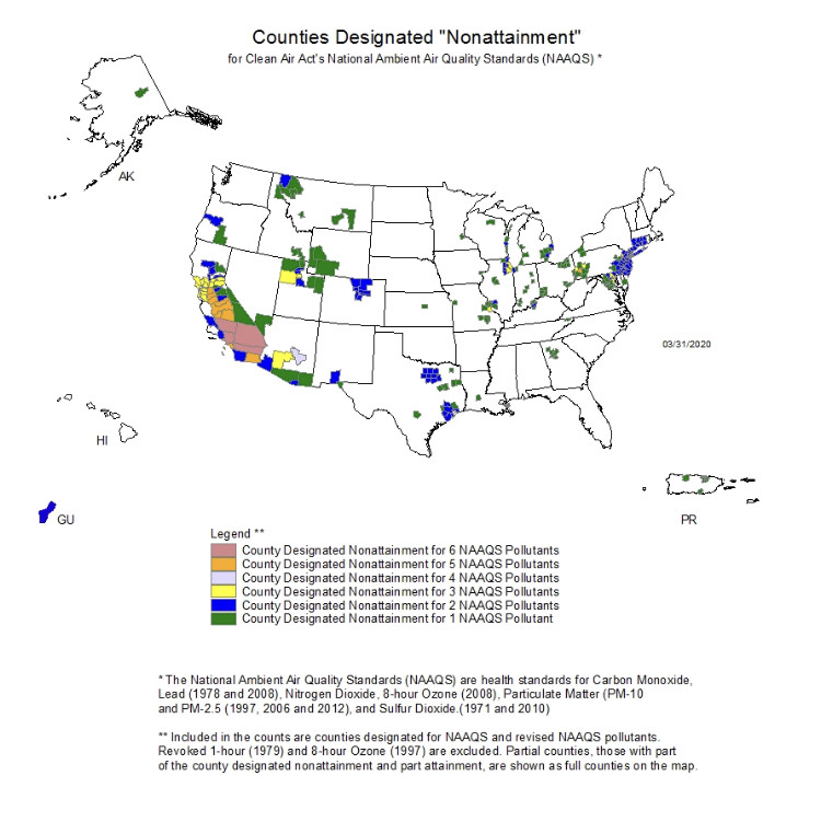 The EPA's National Ambient Air Quality Standard compliance map, with Hawaii added.