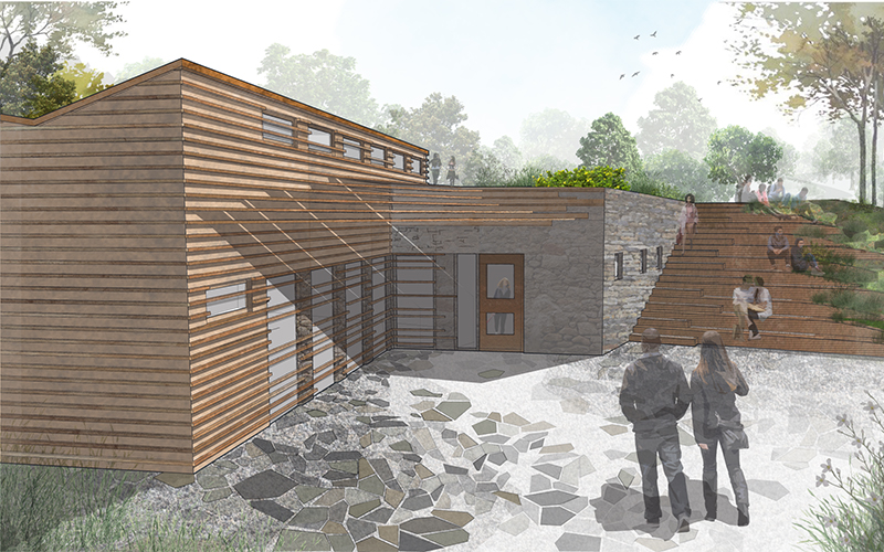 A rendering of the design concept for the Living Building at Nuthatch Hollow, from the front.