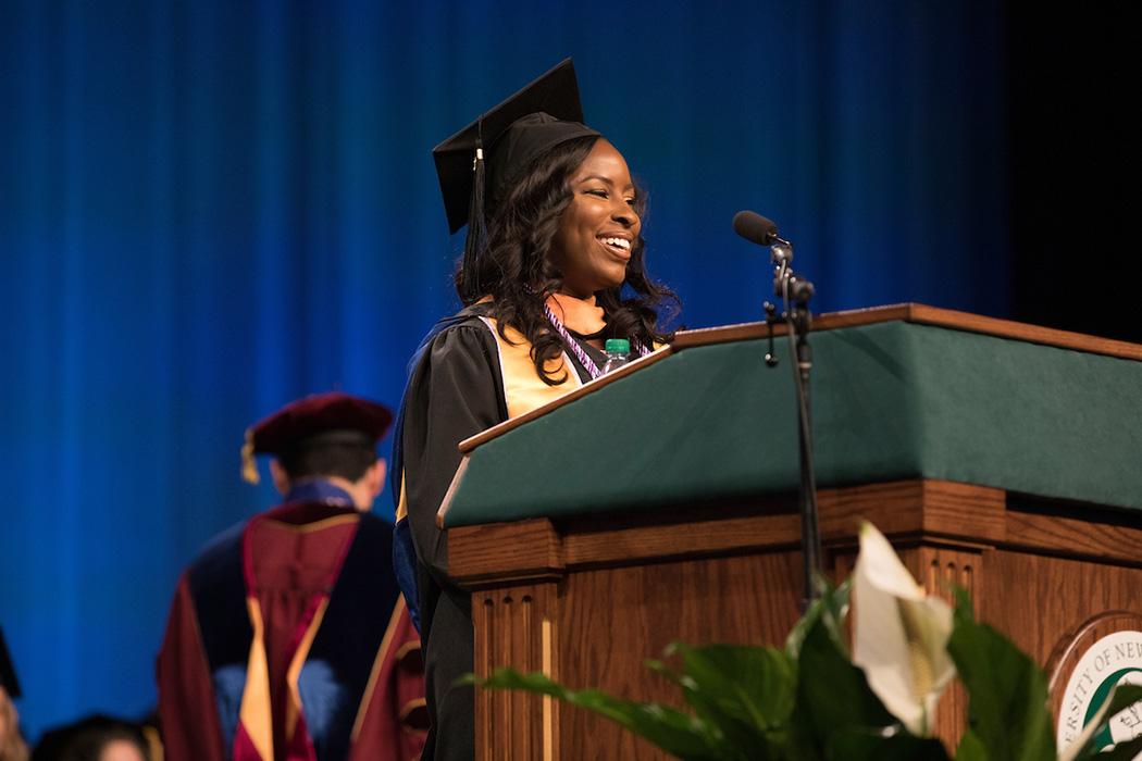 As president of the Graduate Student Nurses Association, Adenike Okeowo presented the graduate student gift during Commencement 2017. This was Okeowo's first time in a leadership position as a student, and she said it was a great learning experience.