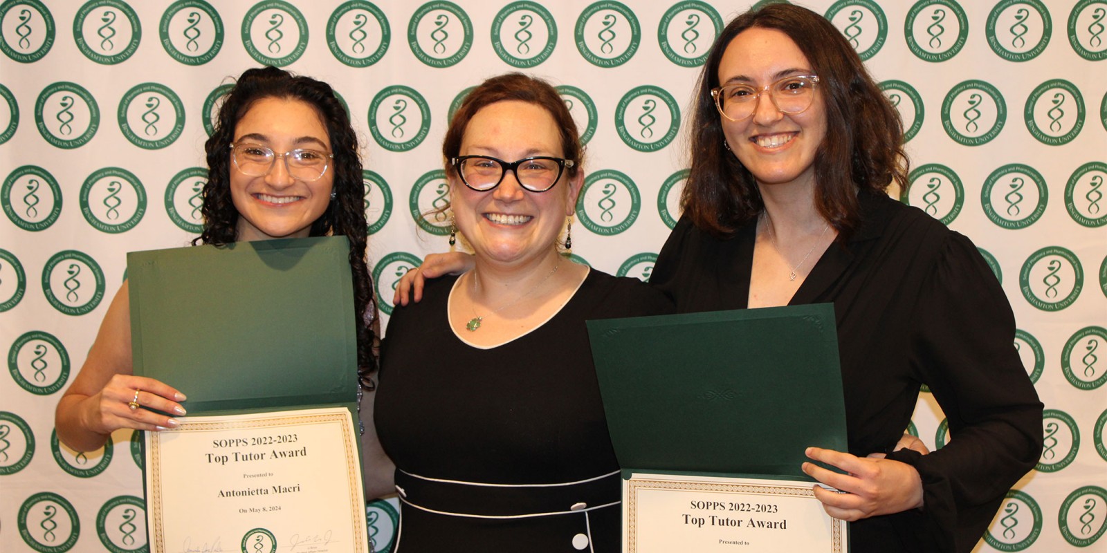 Antonietta Macri (left) and Zoey Zagoria (Right) join Amanda Padwa (Center), the Administrative Coordinator of Student Affairs at the School of Pharmacy and Pharmaceutical Sciences, after receiving the SOPPS Top Tutor Award