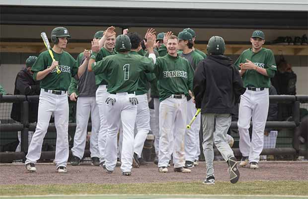 Binghamton University's baseball team celebrates at a game last spring. An anonymous donation of $2.2 million will be used to upgrade the University's baseball field with FieldTurf and lights, adding flexibility for scheduling and the ability to host post-season championship games.