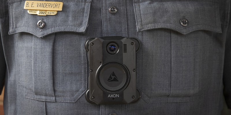 This camera worn by a Binghamton University Police Officer records all service calls, with recordings stored for 180 days or longer, depending upon the nature of the service call.