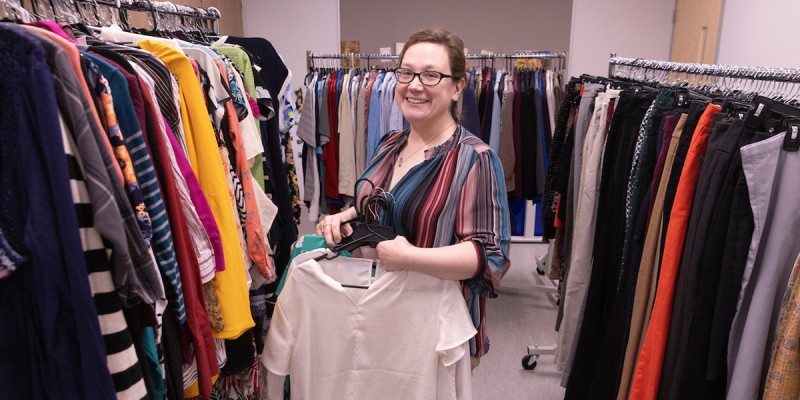 Amanda Padwa, administrative coordinator for student affairs at the School of Pharmacy and Pharmaceutical Sciences, oversees the Professional Clothing Closet and food pantry located at the school.