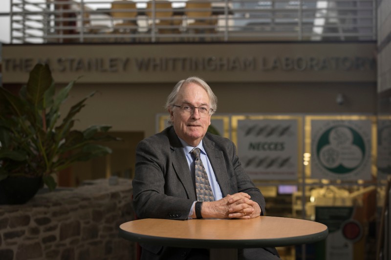 Distinguished Professor of Chemistry and Nobel Laureate M. Stanley Whittingham sits outside his laboratory at the Center of Excellence at the Innovative Technologies Complex.