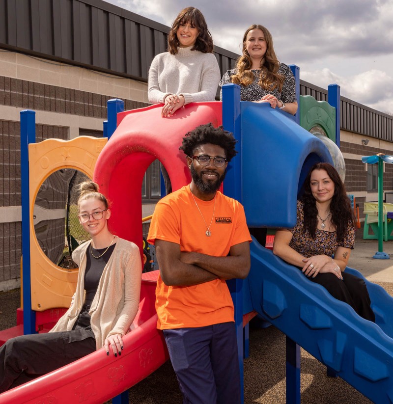 A team of industrial and systems engineering students designed new scheduling software for the Institute for Child Development at Binghamton University. Clockwise from top left are Isabelle Hanchett, Iris Bursey, Emma Bachyrycz, Josef Thompson and Sara Hassan.