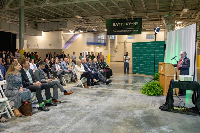 M. Stanley Whittingham, distinguished professor of chemistry and Nobel Laureate, addresses the crowd at the official launch of the Upstate New York Energy Storage Engine