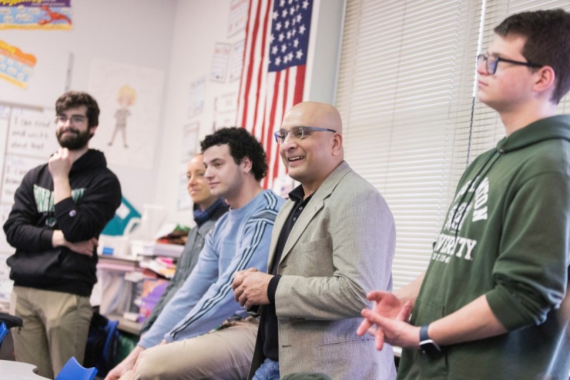 Nirav Patel, lecturer in the Environmental Studies Program at Harpur College of Arts and Sciences, and his students teach pupils at Theodore Roosevelt Elementary in the City of Binghamton about the impact of pollution on the environment, Thursday, March 28, 2024.