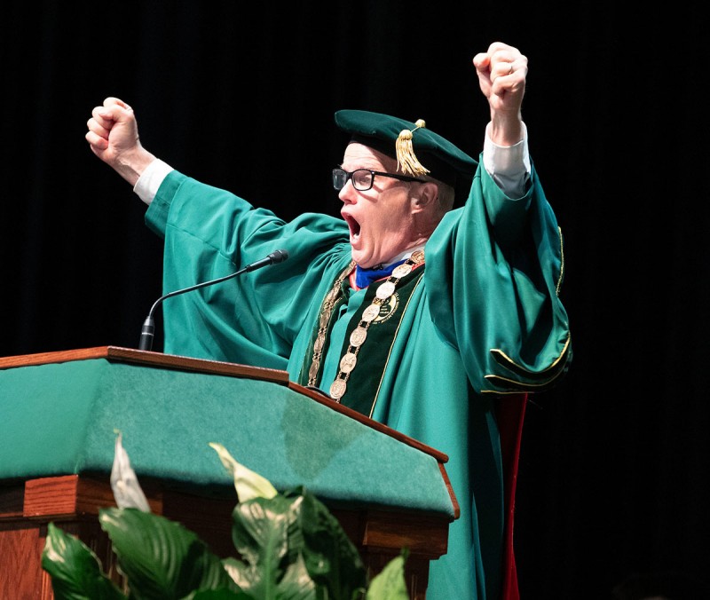 President Harvey Stenger greeted students with an excited yell at the Watson College Commencement ceremony on Friday, May 10.
