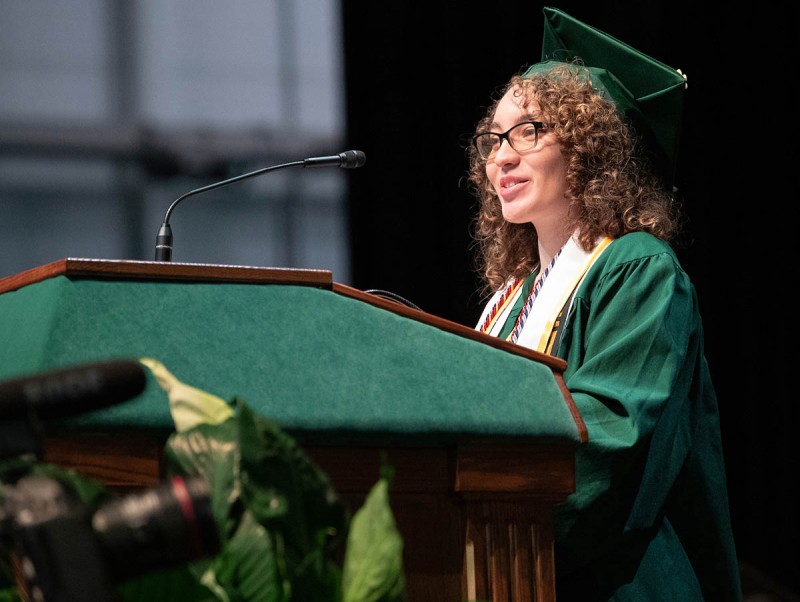 Clara Rodriguez '24, a biomedical engineering major with a Spanish minor, gave the undergraduate address at the Watson College Commencement ceremony on Friday, May 10.