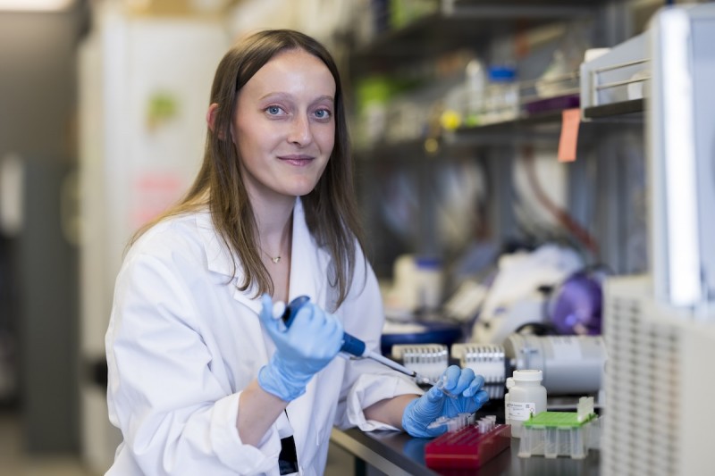 Emma Glynn, a graduate research student, pictured here at a laboratory in the Biotechnology Building at the Innovative Technologies Complex, won the 2024 Research Days Three-Minute Thesis (3MT) Competition.