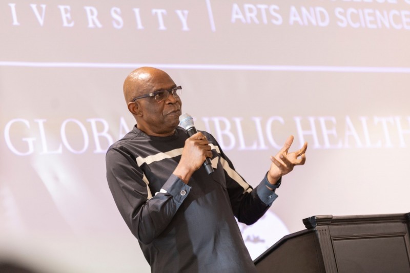 Keynote speaker Collins Airhihenbuwa, a global public health scholar with more than 30 years in the field, discusses the concepts behind the discipline during the kickoff of the Global Public Health program on Aug. 22, 2024, in the Old Union.