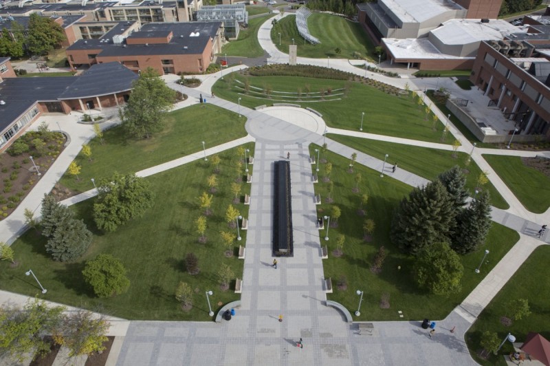 An overhead view of the Harpur Quad