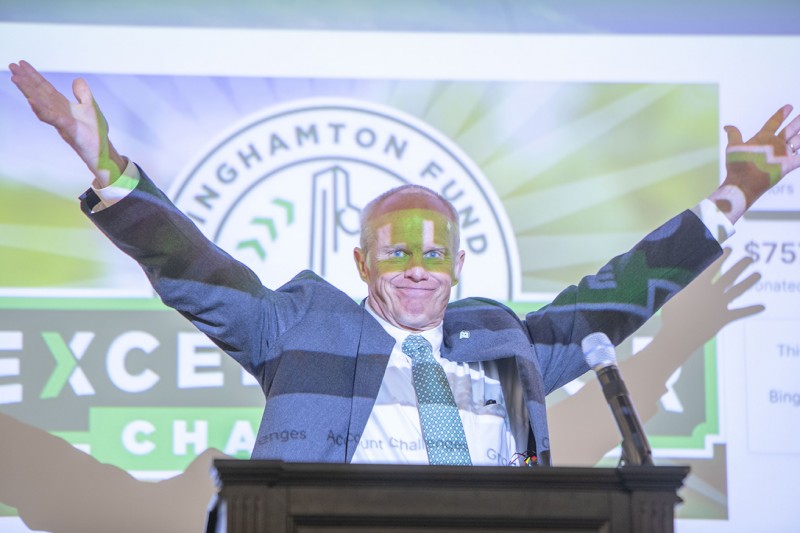 Binghamton University President Harvey Stenger celebrates the success of The Binghamton Fund EXCELERATOR Challenge during an EXCELERATE campaign event on April 18.