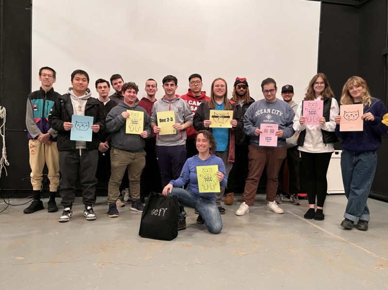 Students in CINE 300: Curating Film and Video, taught by cinema lecturer Anna Kipervaser (center front), put on the annual Student Experimental Film Festival.