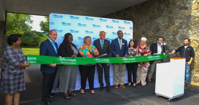 A ribbon cutting ceremony takes place to celebrate the grand opening of Koffman on Plaza, an expansion of the The Koffman Southern Tier Incubator at Binghamton University. The new facility, located at 300 Plaza Drive in Vestal, features office space for startups.