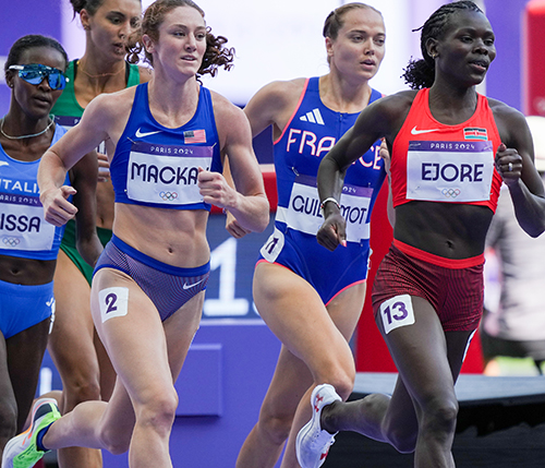 Emily Mackay runs in the first round of the 1,500 meters at the Summer Games in Paris.