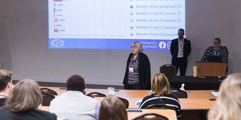 Deborah Taub, chair and professor of student affairs administration in Binghamton University's College of Community and Public Affairs, presents 